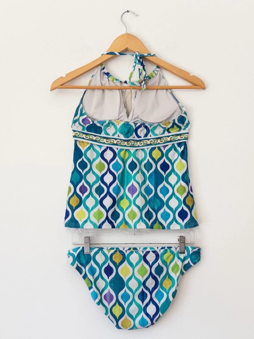 Trina Turk Tankini Swimsuit Size 6/8 Blue Green Geometric Halter 2 Piece 2000s - Picture 9 of 16